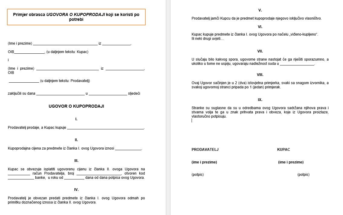 Primjer kupoprodajnog ugovora